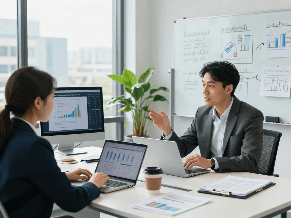 Engaging discussion on how to get a merchant cash advance, showing a consultant and business owner at a modern office.